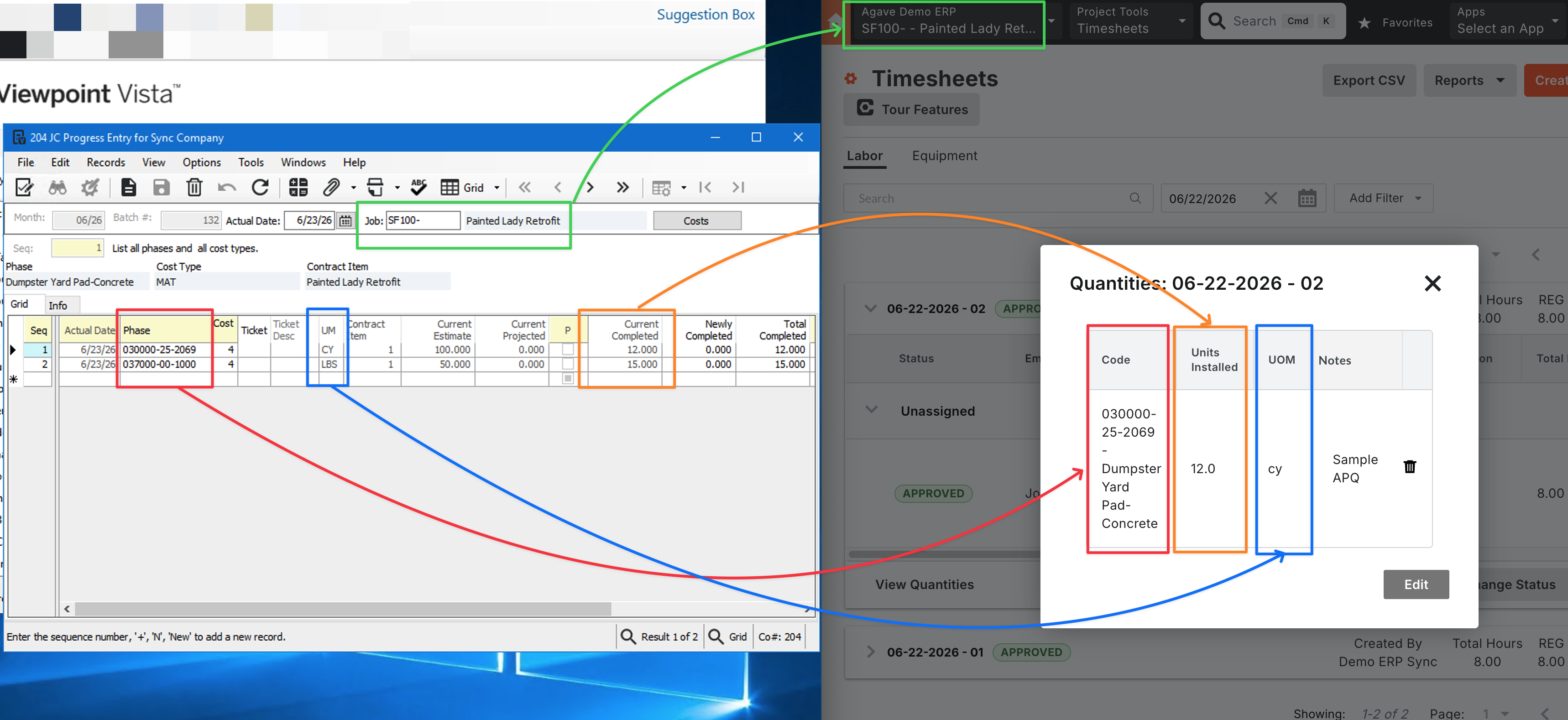 Procore and Vista Actual Production Quantities Visual Mapping