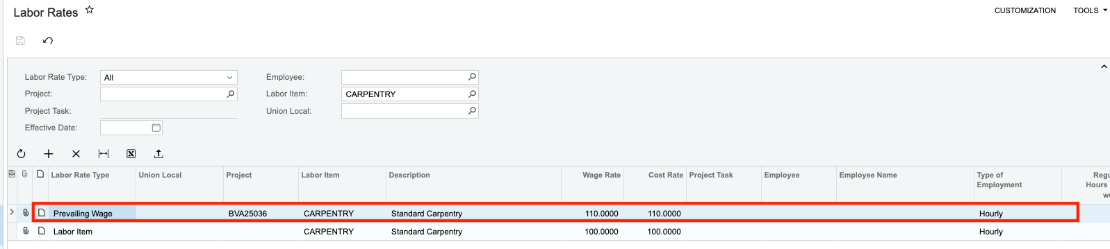 Procore and Acumatica Timecard Entries Visual Mapping