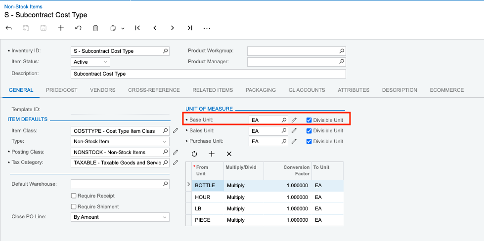 Acumatica Non-Stock Item Setup 1