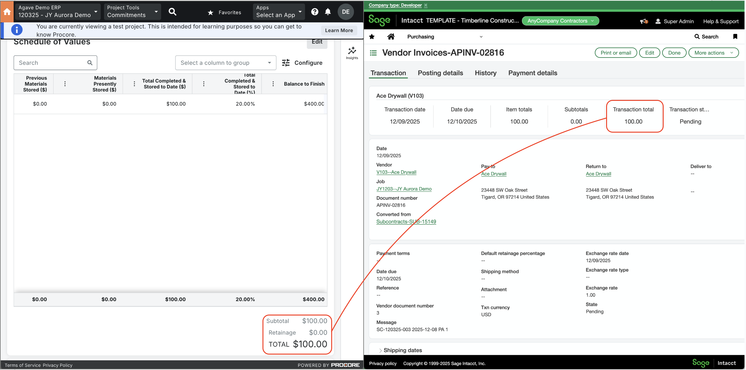 Procore and Sage Intacct Visual Mapping