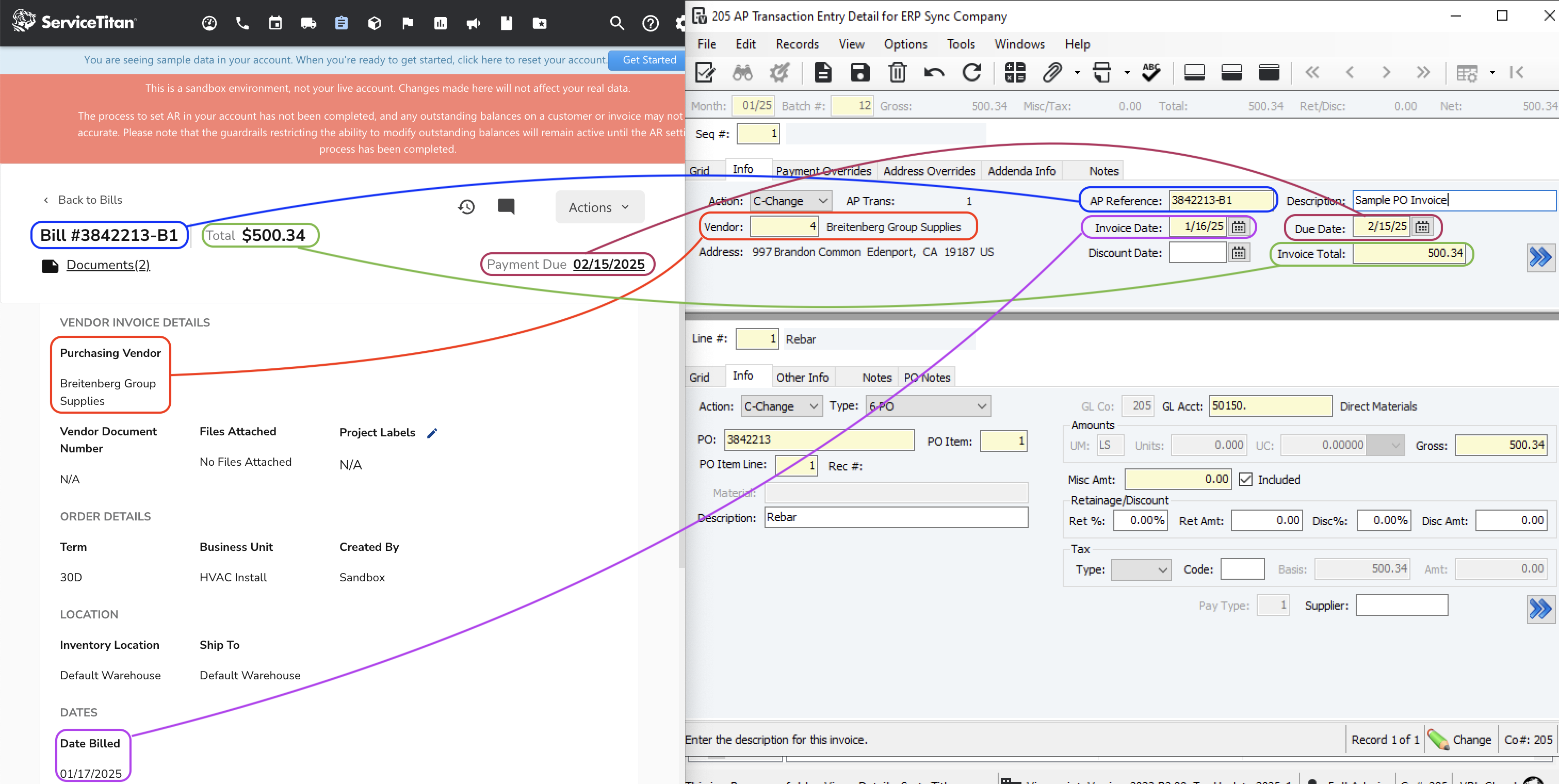 ServiceTitan and Vista AP Invoices Visual Mapping