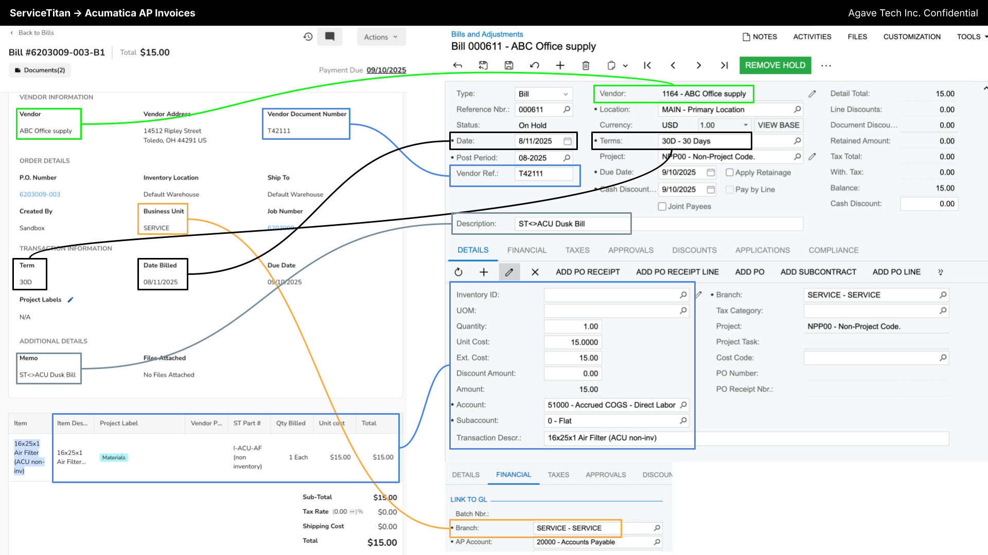ServiceTitan and Acumatica AP Invoices Visual Mapping