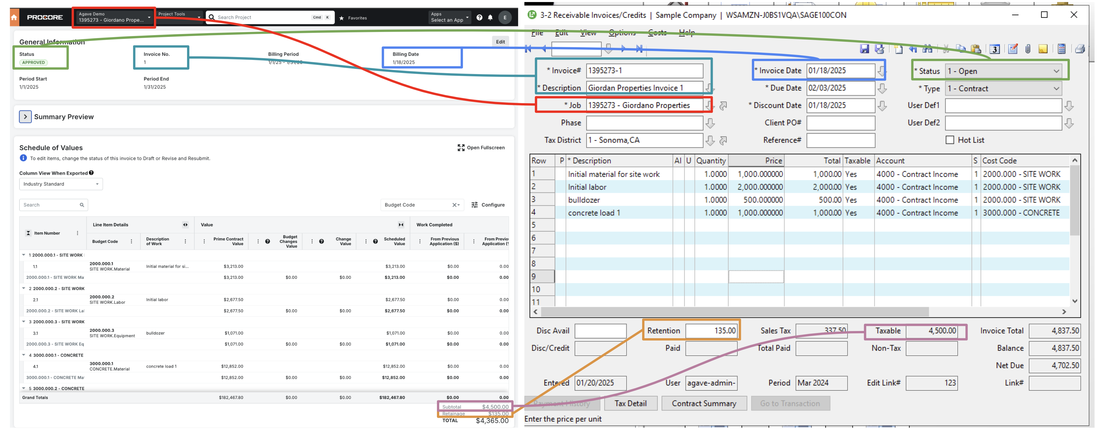 Procore and Sage 100 AR Invoices Mapping 1