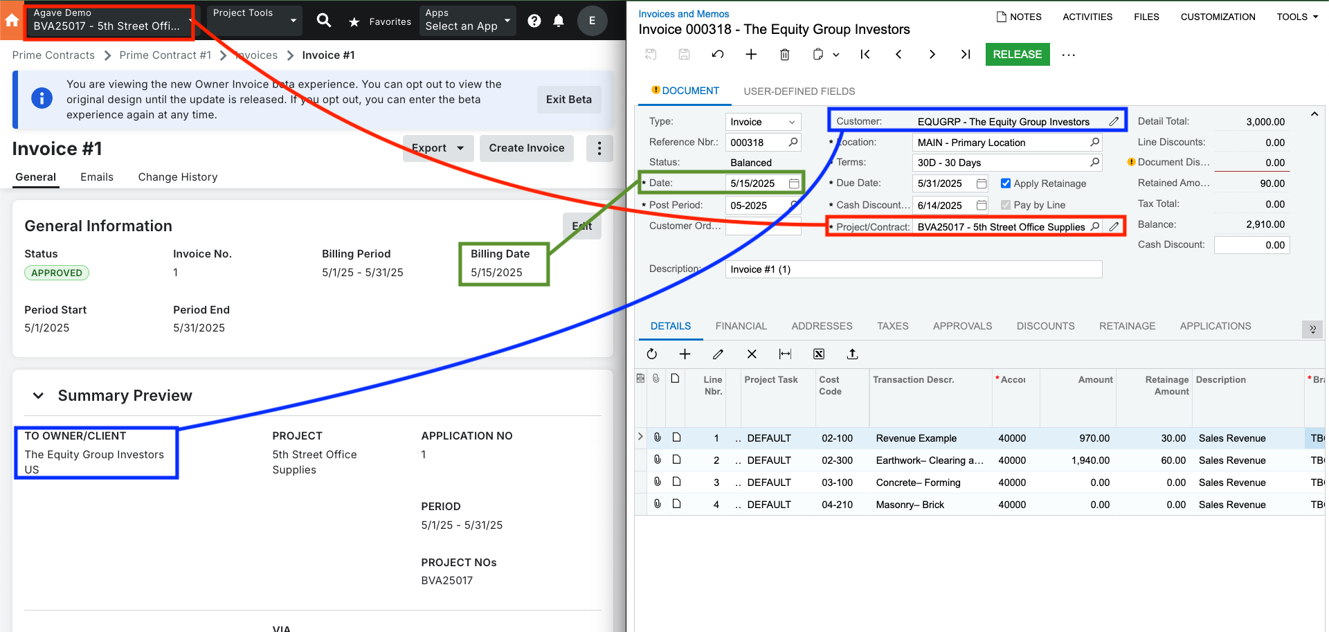 Procore and Acumatica AR Invoices Visual Mapping