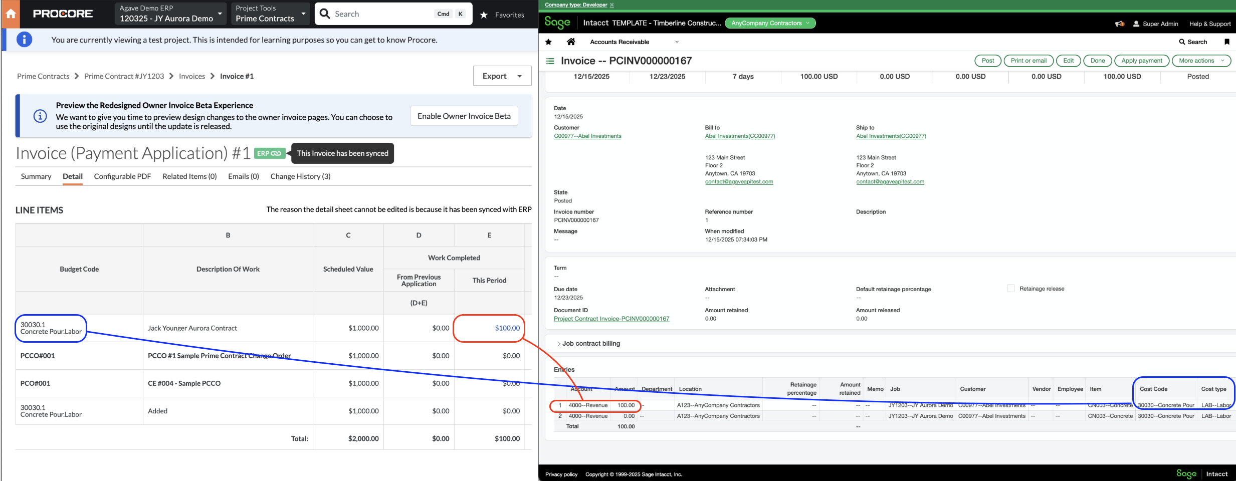 Procore and Sage Intacct Visual Mapping