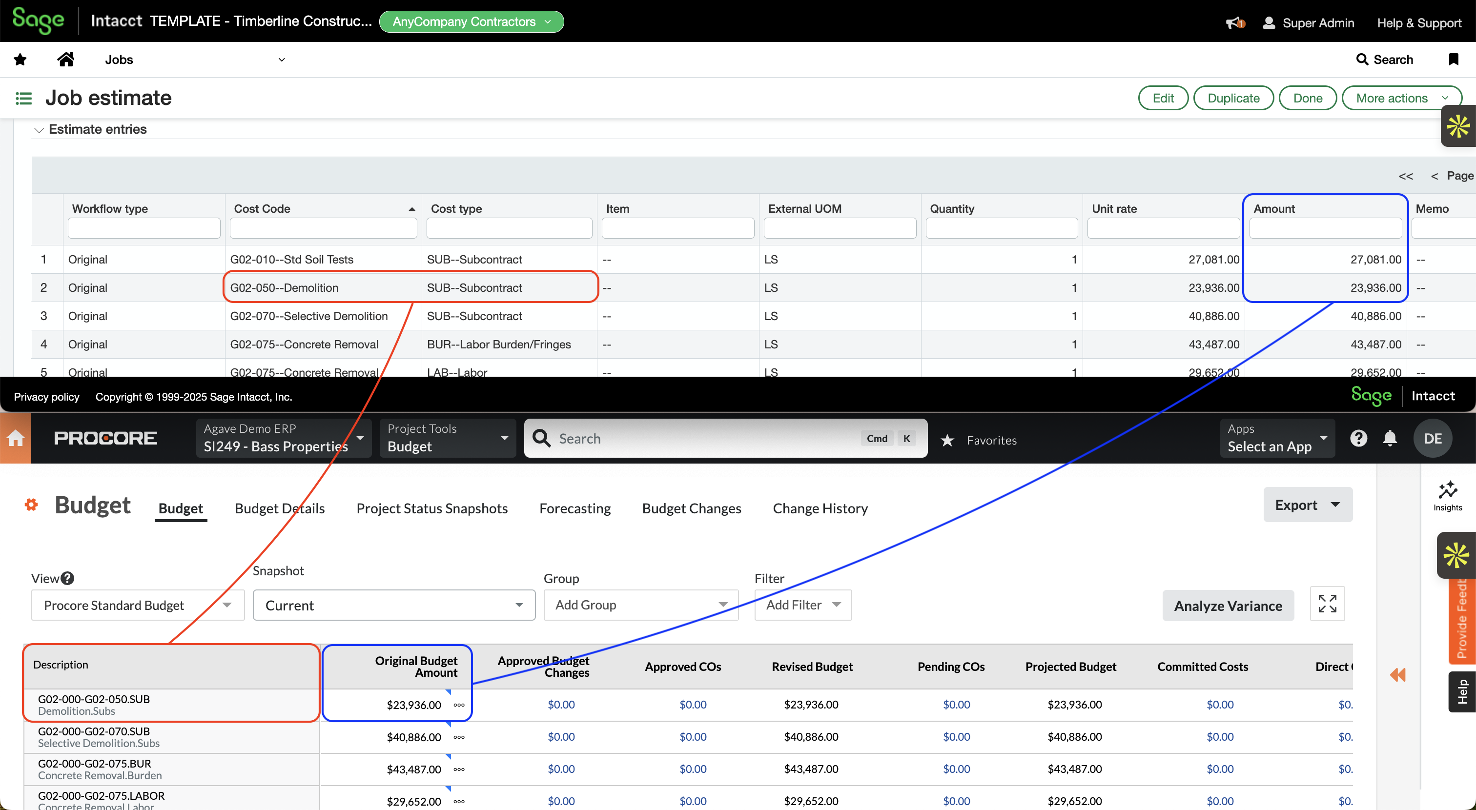 Procore and Sage Intacct Visual Mapping
