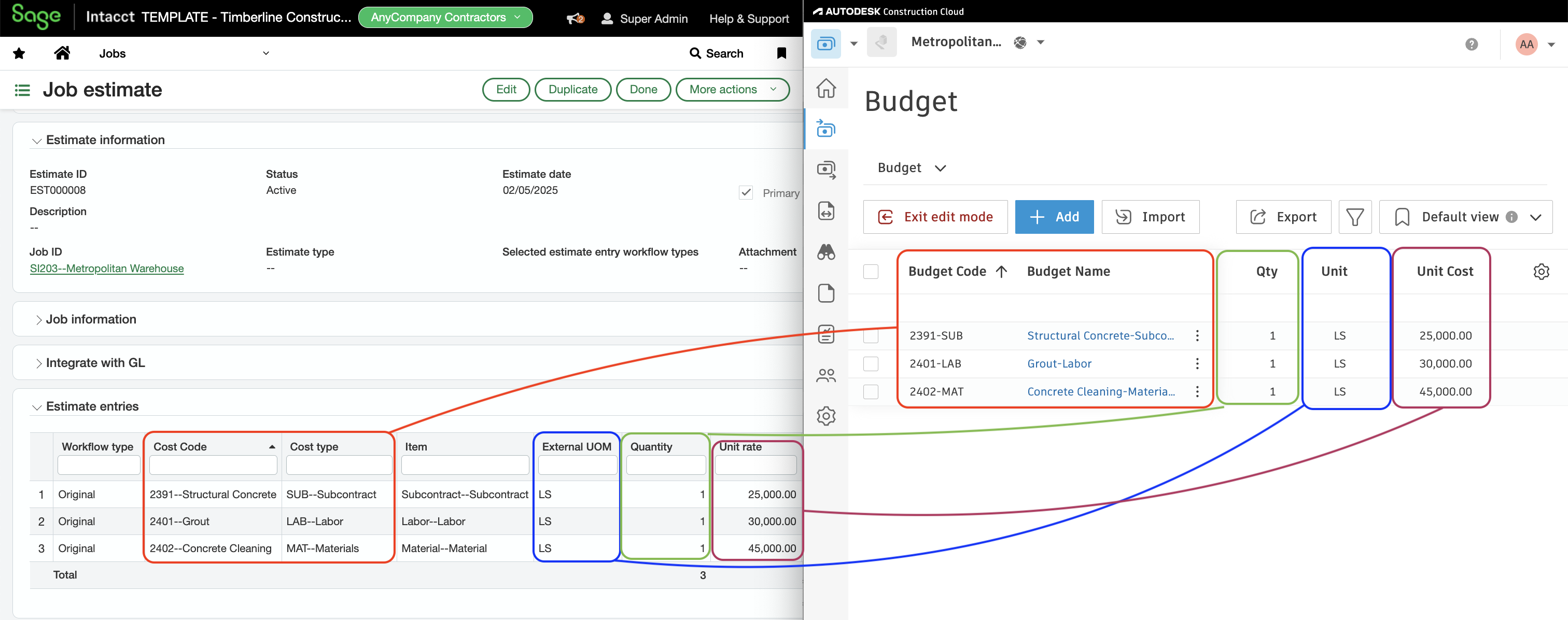 Autodesk Build and Sage Intacct Visual Mapping