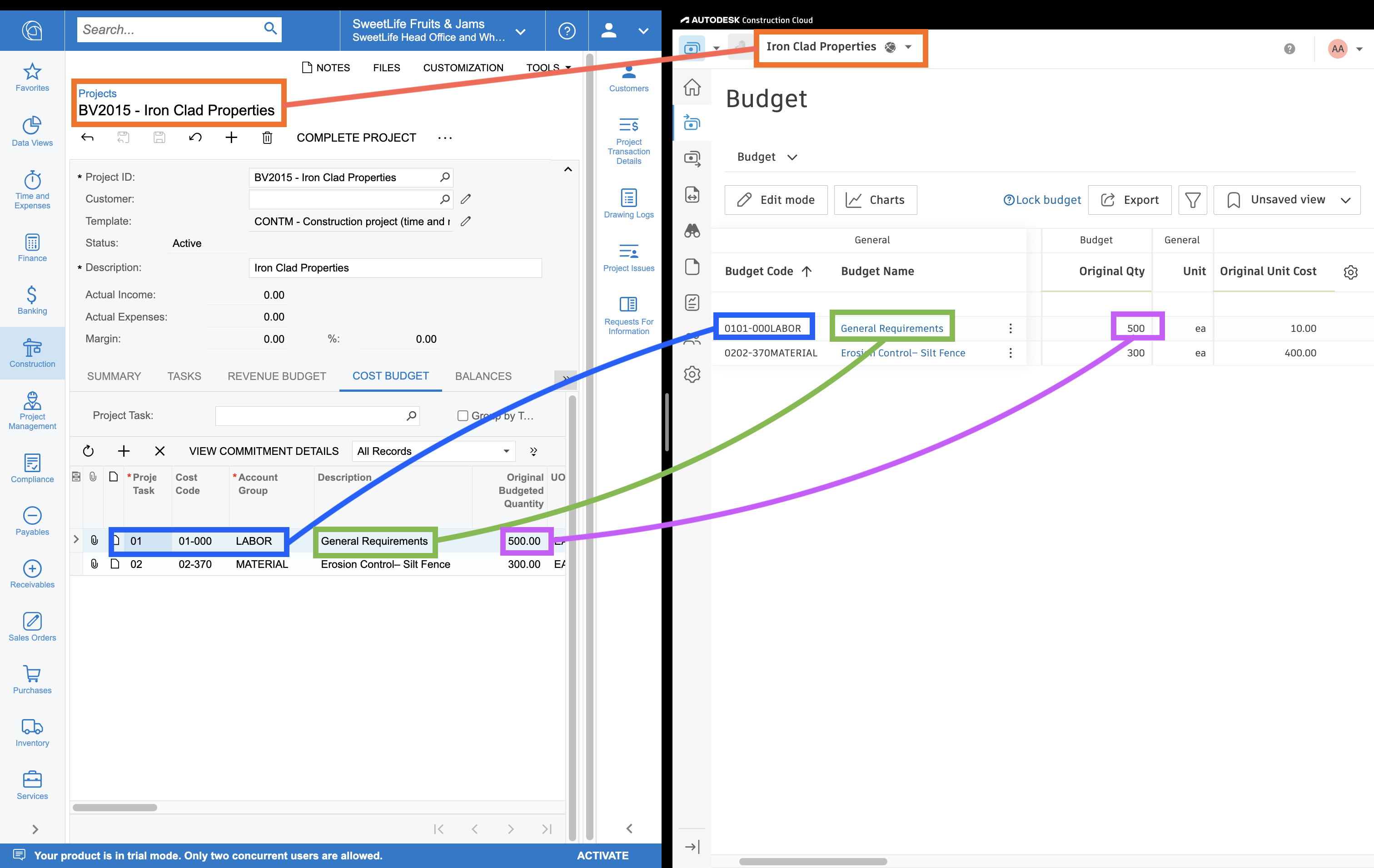 Autodesk Build and Acumatica Budget Line Items Mapping