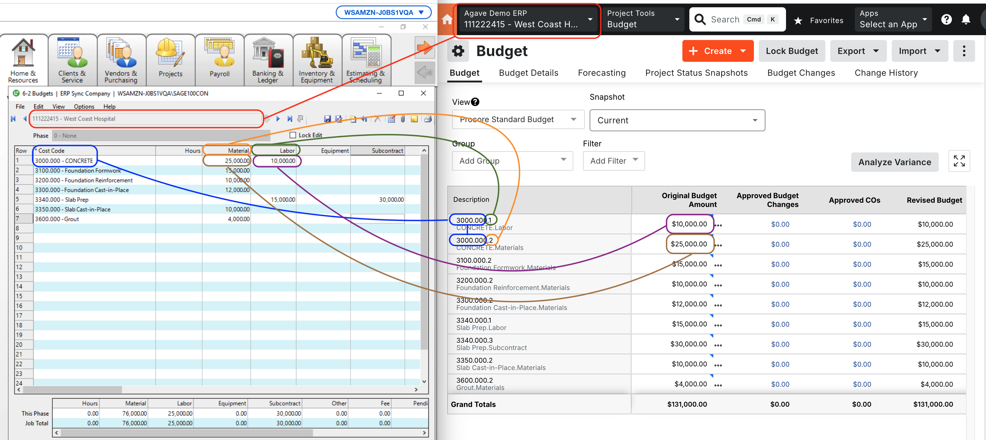 Procore and Sage 100 Budget Line Items Visual Mapping