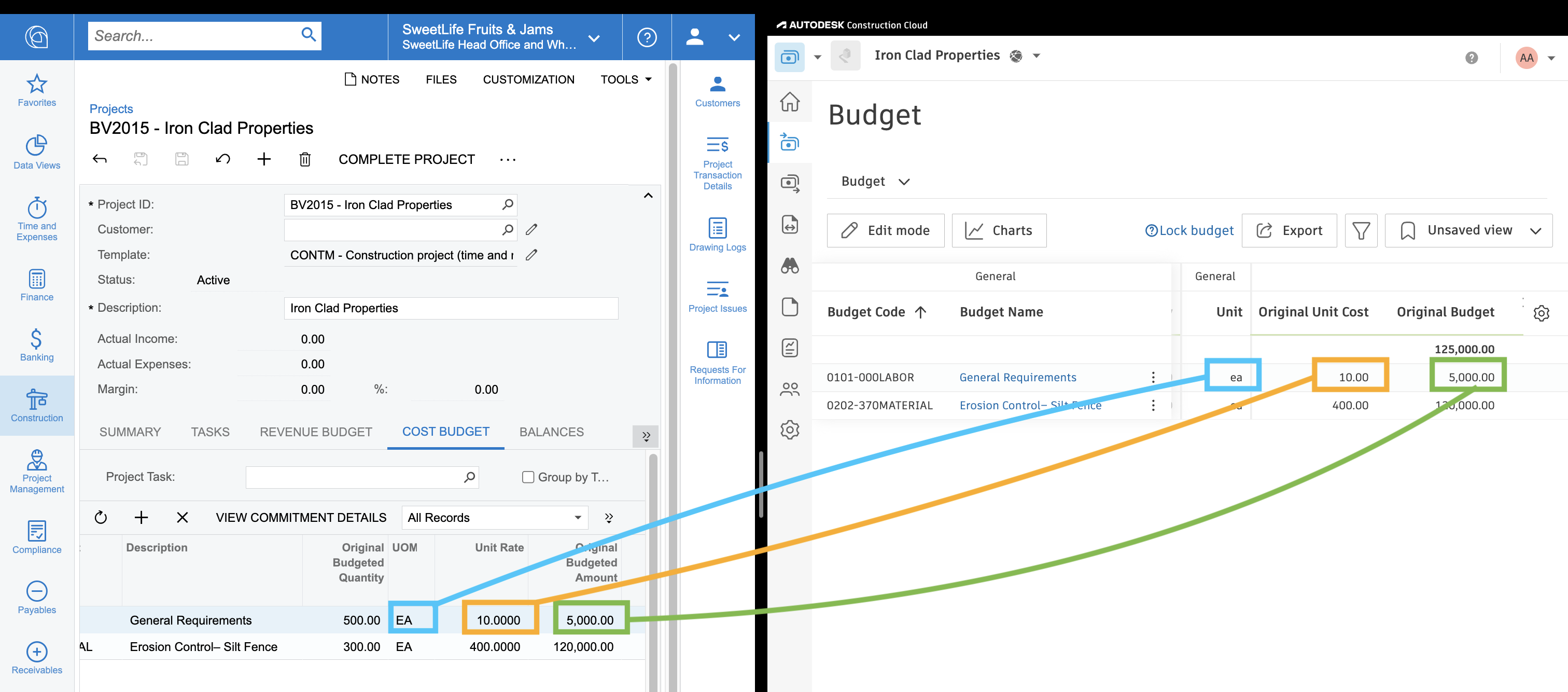 Autodesk Build and Acumatica Budget Line Items Mapping