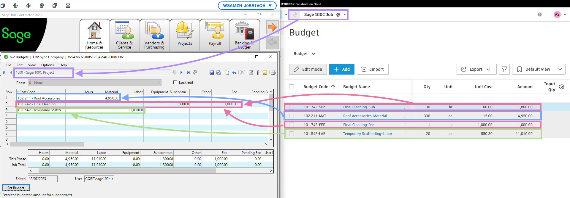 Autodesk Build and Sage 100 Budget Line Items Mapping