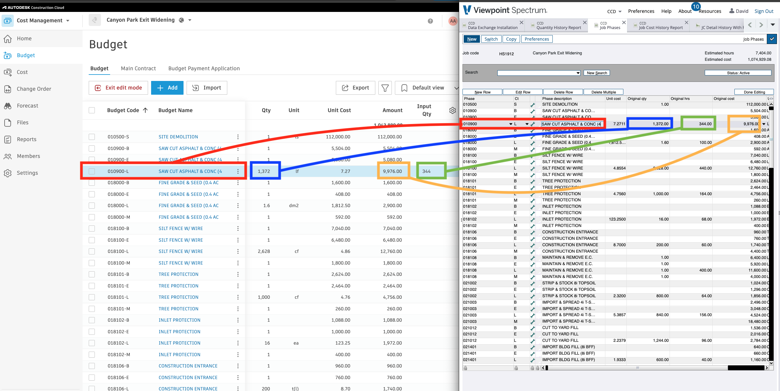 Autodesk Build and Spectrum Budget Production Quantities Visual Mapping