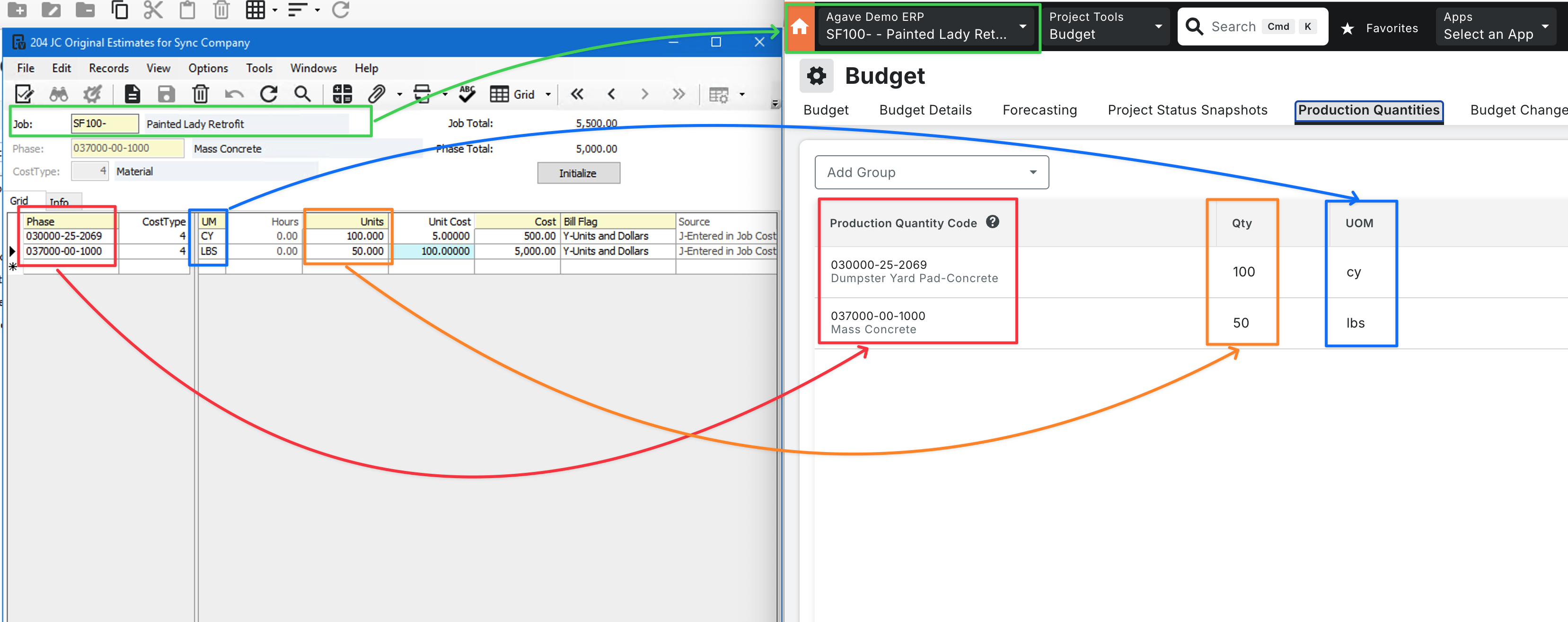 Procore and Vista Budget Production Quantities Visual Mapping