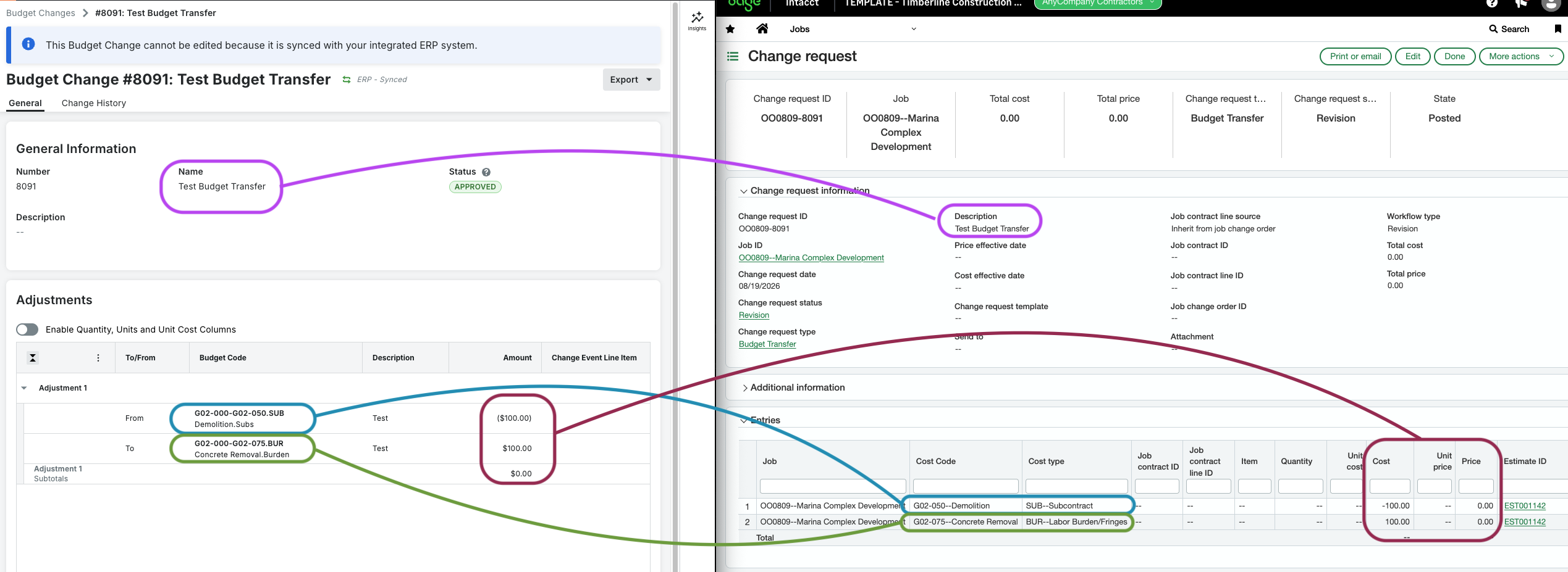 Procore and Sage Intacct Visual Mapping (Change Requests)