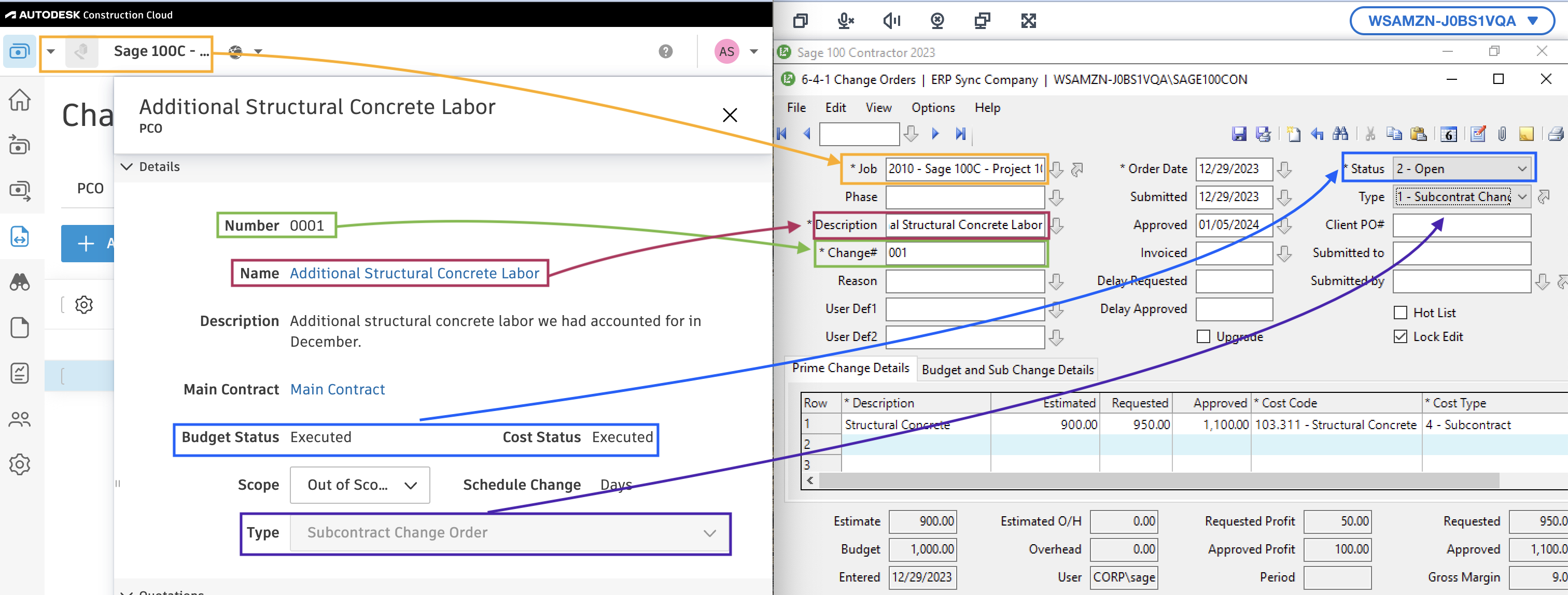 Autodesk Build and Sage 100 Change Orders Mapping