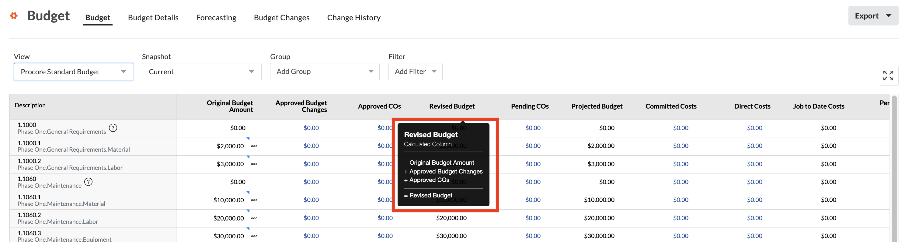 Procore Revised Budget View