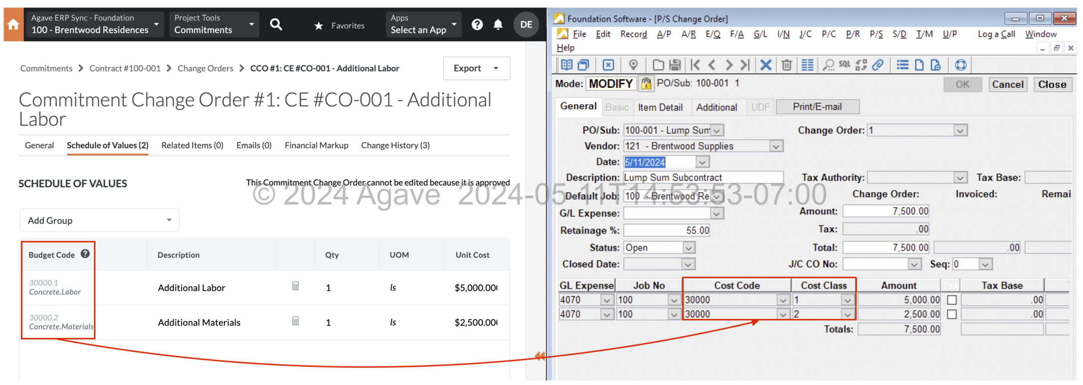 Procore and Foundation Subcontract Change Order Visual Mapping