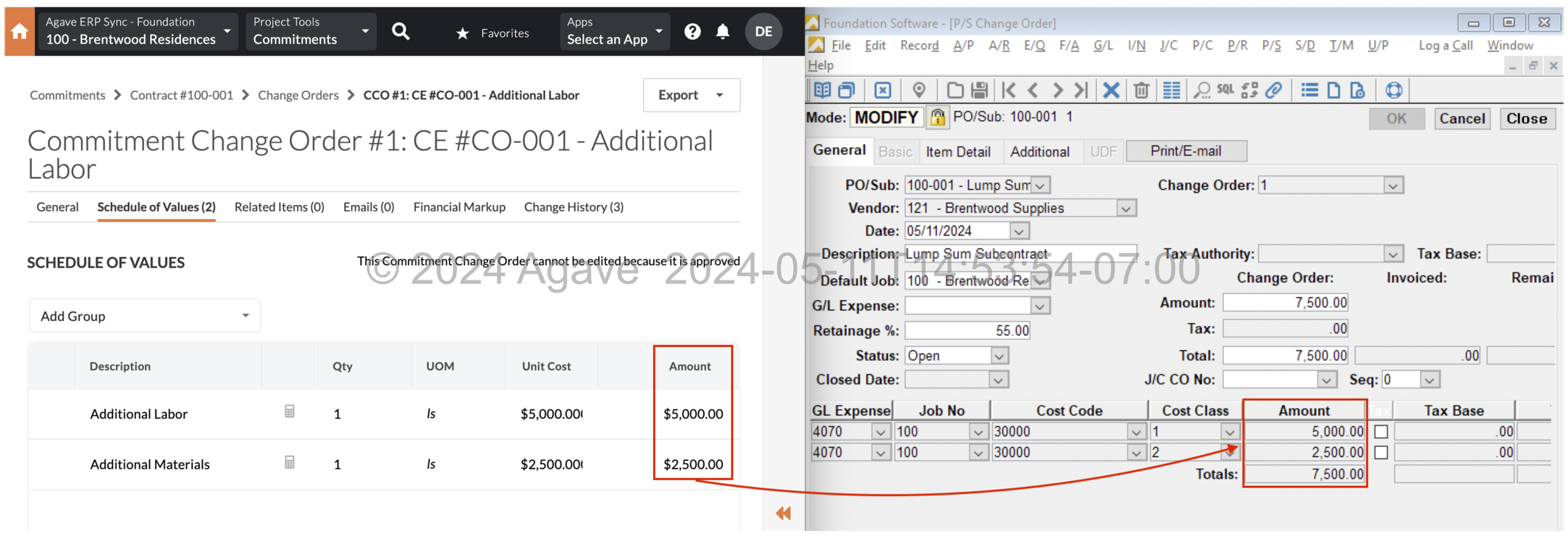 Procore and Foundation Subcontract Change Order Visual Mapping