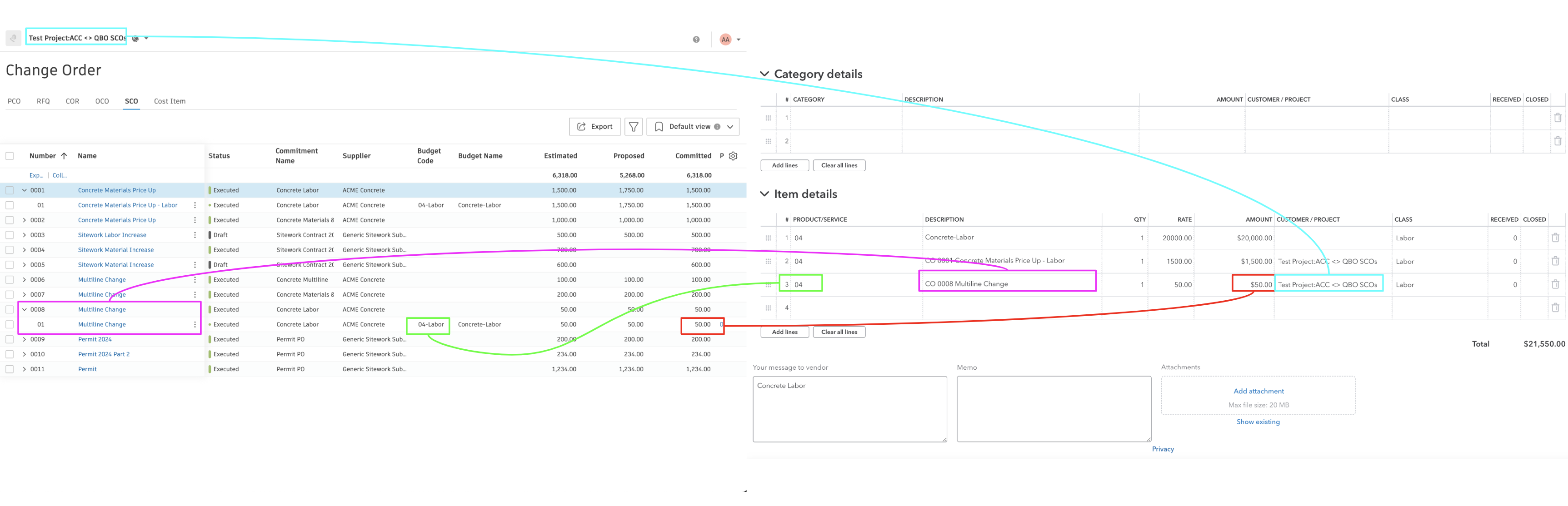 Autodesk Build and QuickBooks Online Change Orders Visual Mapping 2