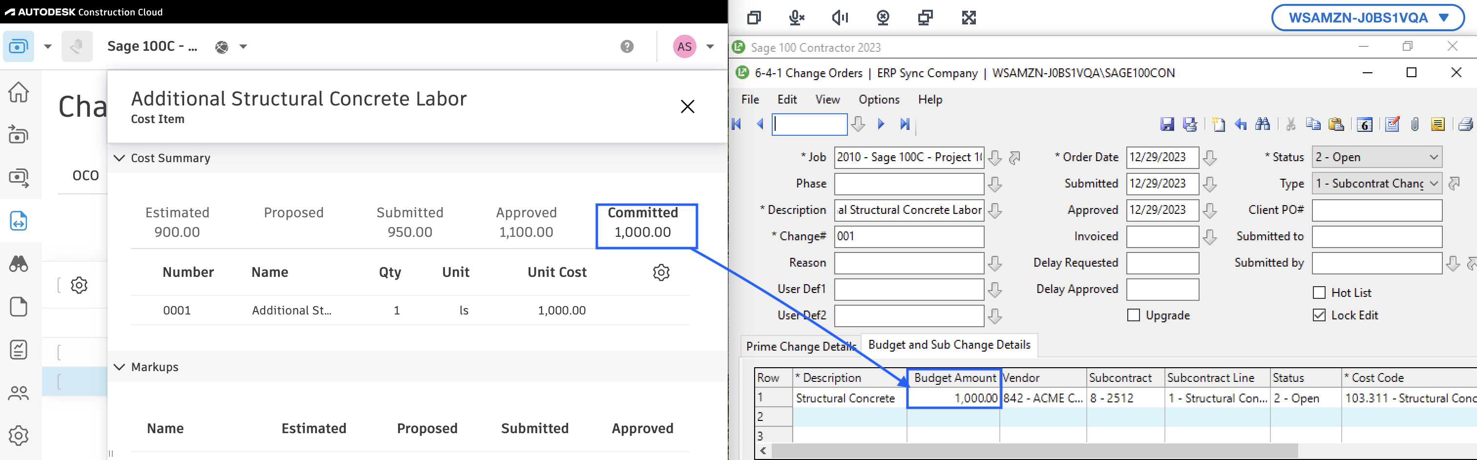 Autodesk Build and Sage 100 Change Orders Mapping