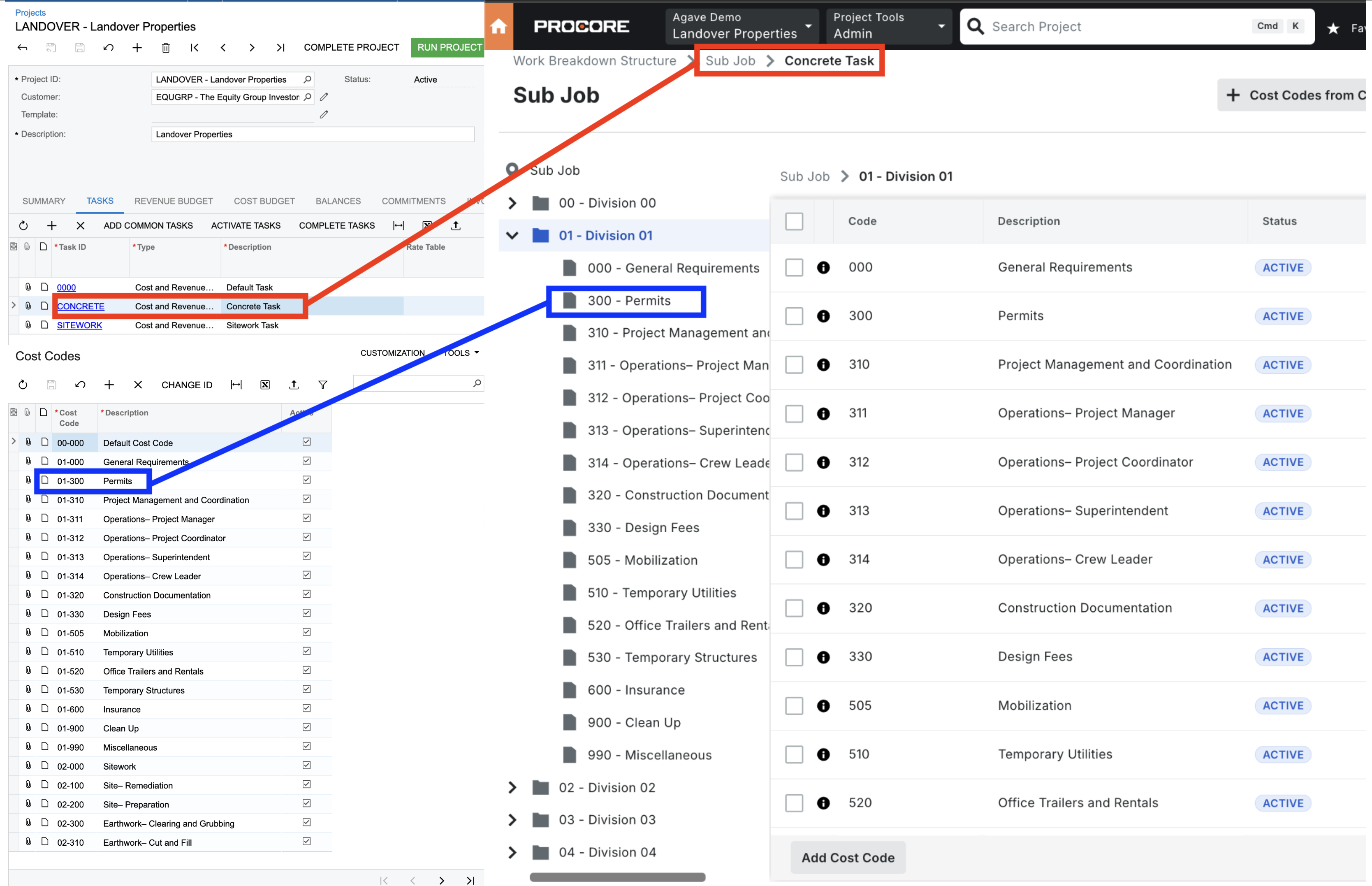 Procore and Acumatica Project Cost Codes Visual Mapping