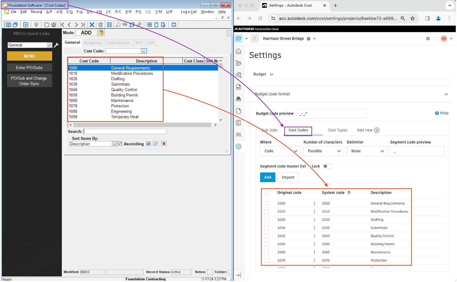 Autodesk Build and Foundation Cost Codes Visual Mapping