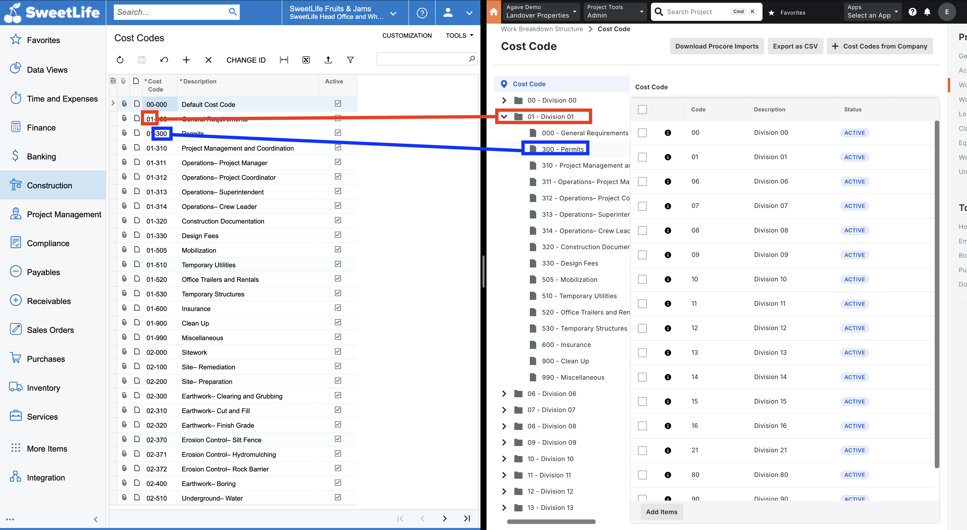 Procore and Acumatica Project Cost Codes Visual Mapping