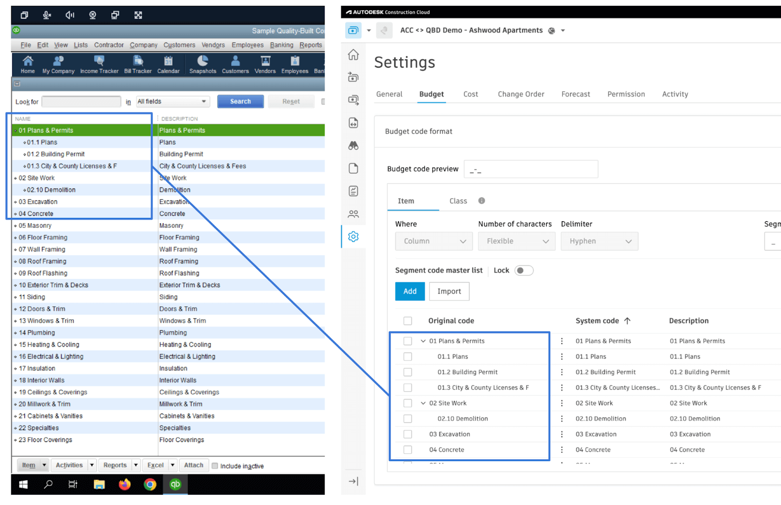 Autodesk Build and QuickBooks Desktop Cost Codes Visual Mapping