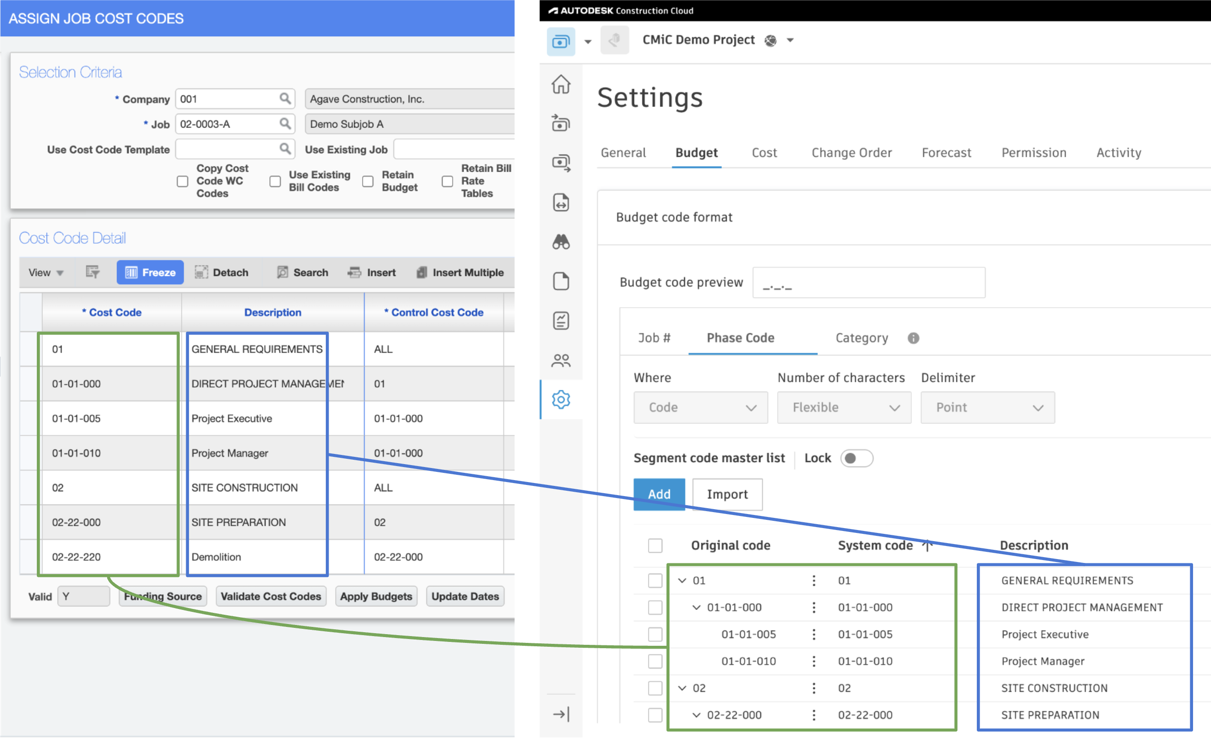 Autodesk Build and CMiC Cost Codes Mapping