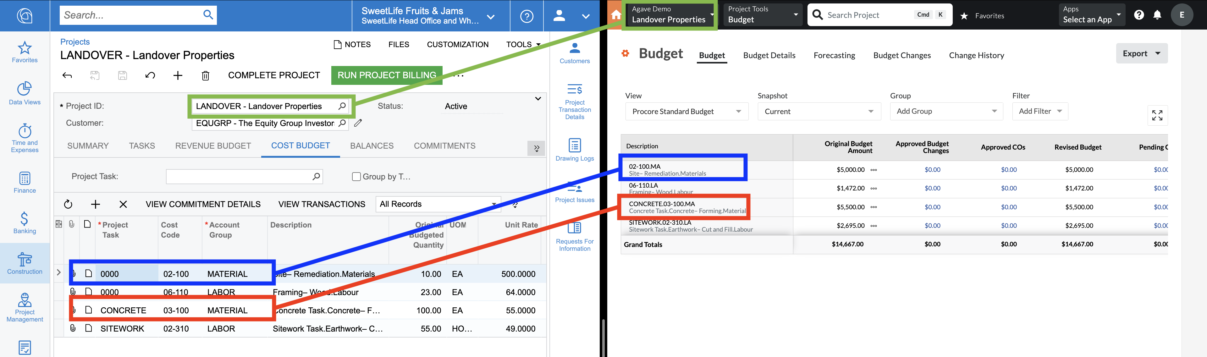 Procore and Acumatica Default Cost Code Visual Mapping