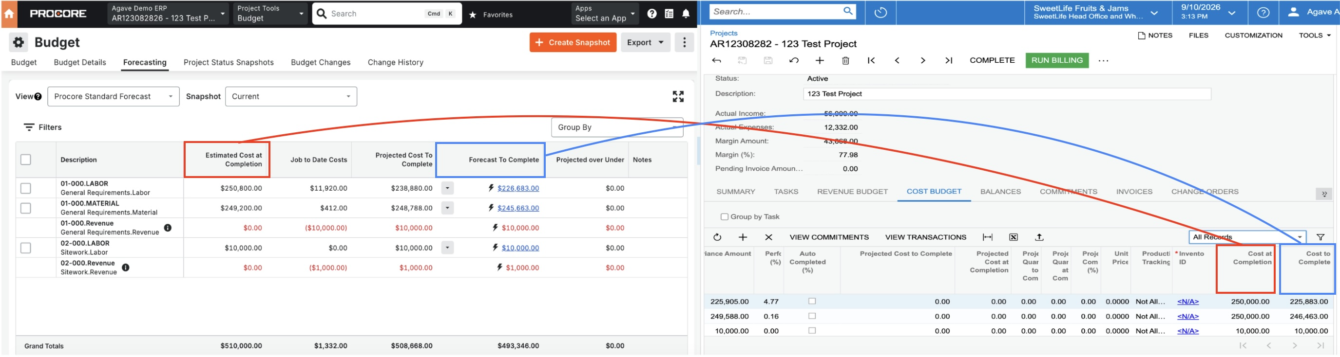 Procore and Acumatica Cost Projections Visual Mapping