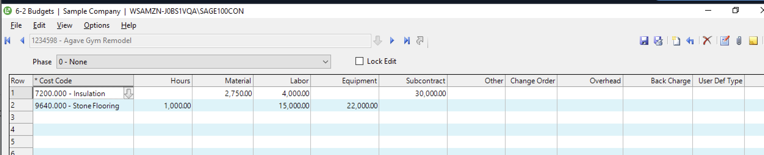 Procore and Sage 100 Cost Projections Original Budget