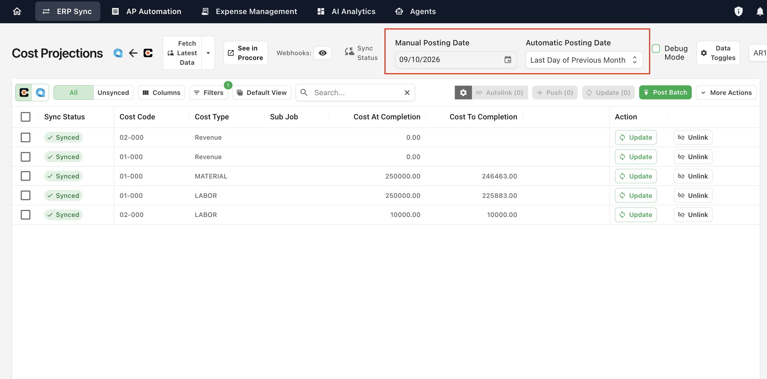 Cost Projections posting date settings in Agave Sync