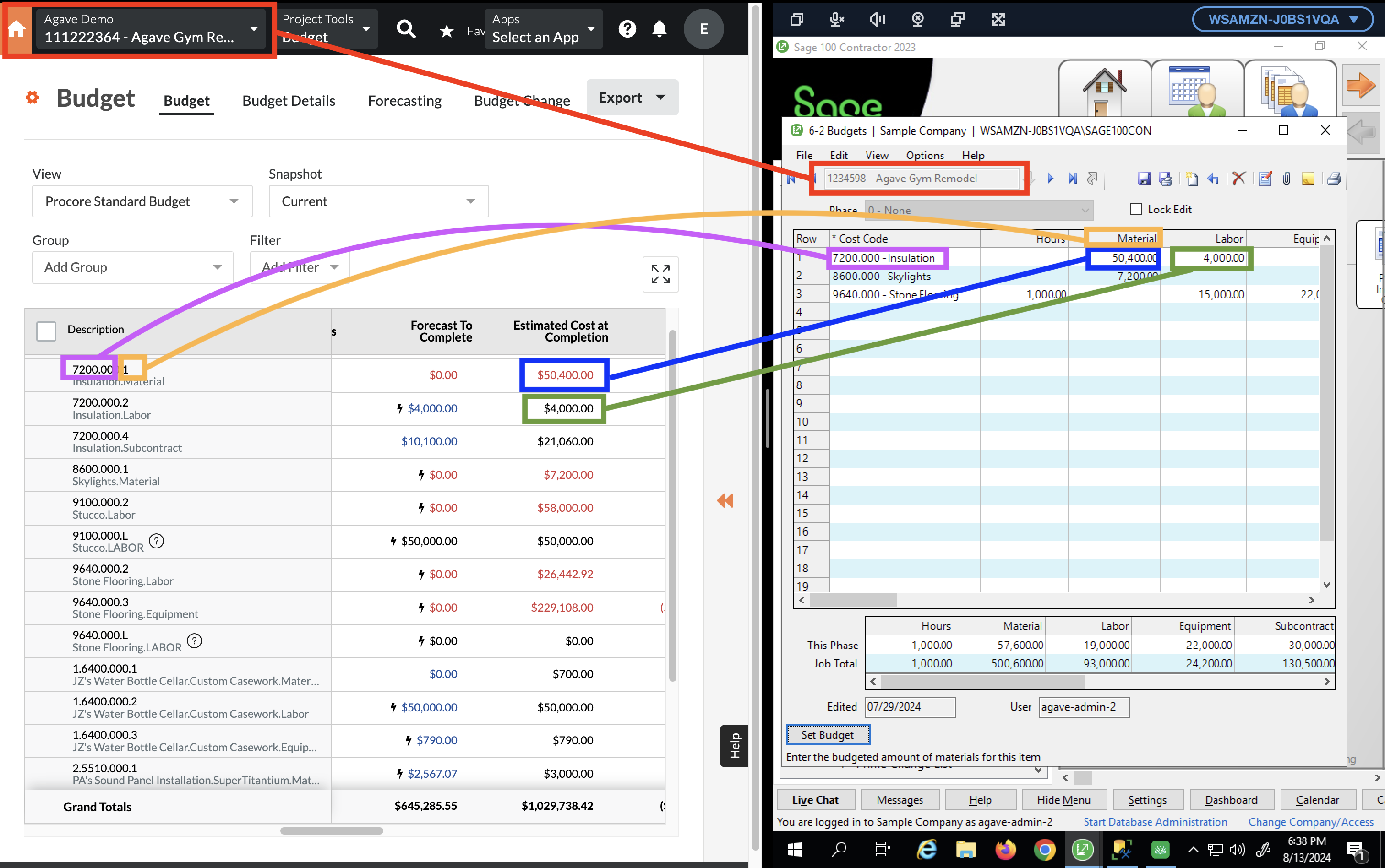 Procore and Sage 100 Cost Projections Visual Mapping