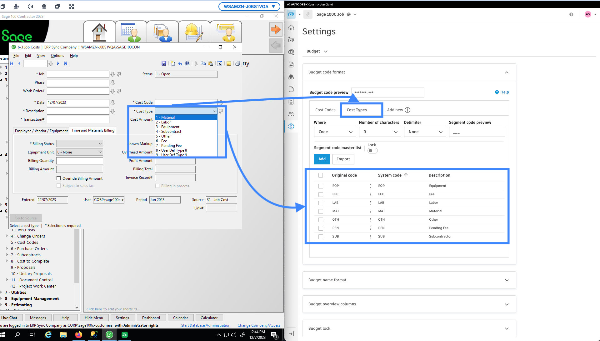 Autodesk Build and Sage 100 Cost Types Mapping