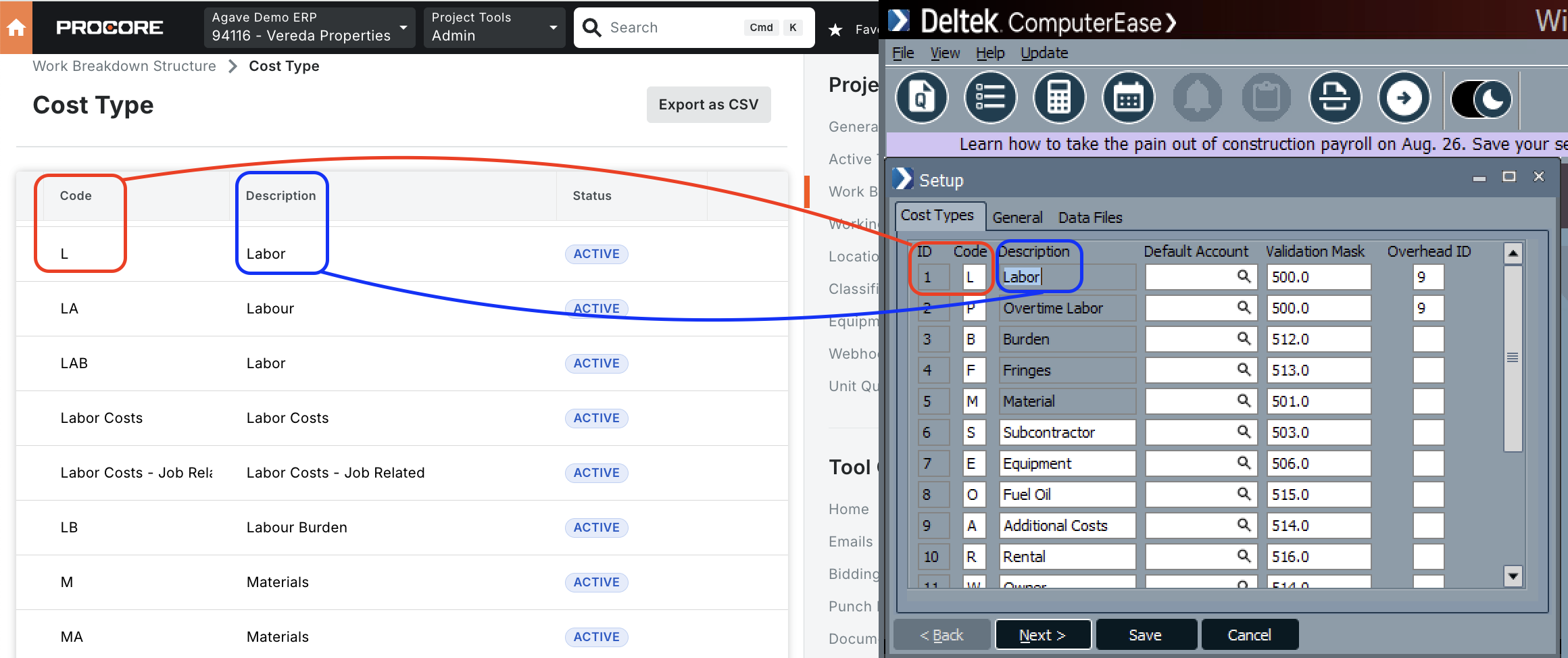 Procore and ComputerEase Visual Mapping