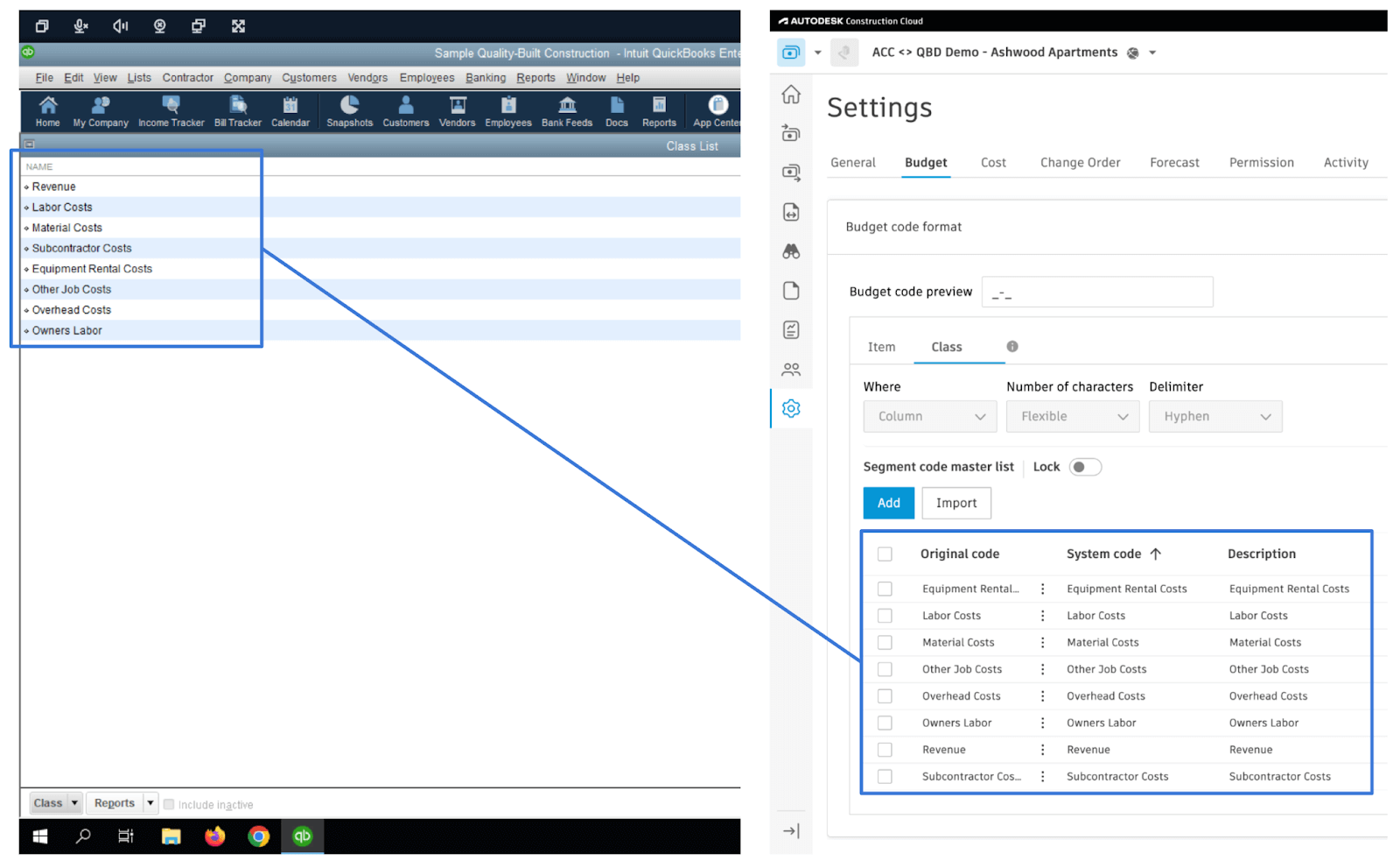 Autodesk Build and QuickBooks Desktop Cost Types Visual Mapping