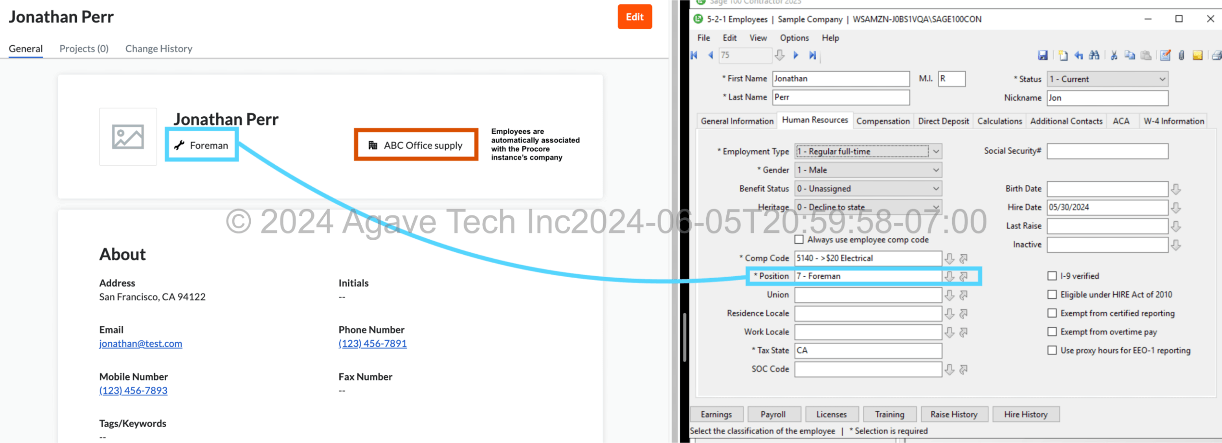 Procore and Sage 100 employees Mapping 2