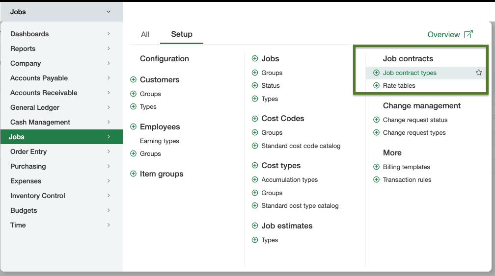 Sage Intacct Job Contract Types menu path