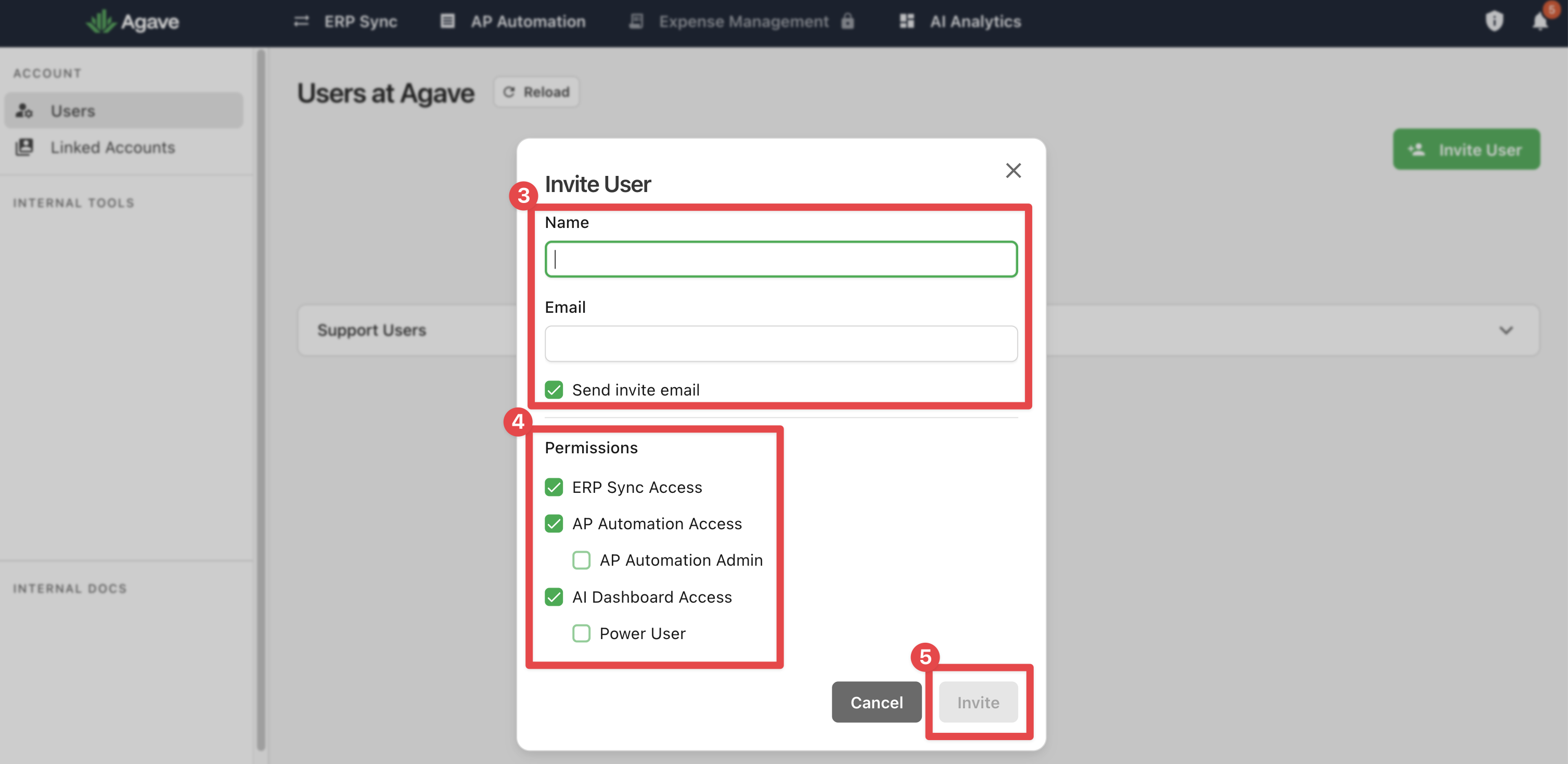 Invite User modal with name, email, and permissions