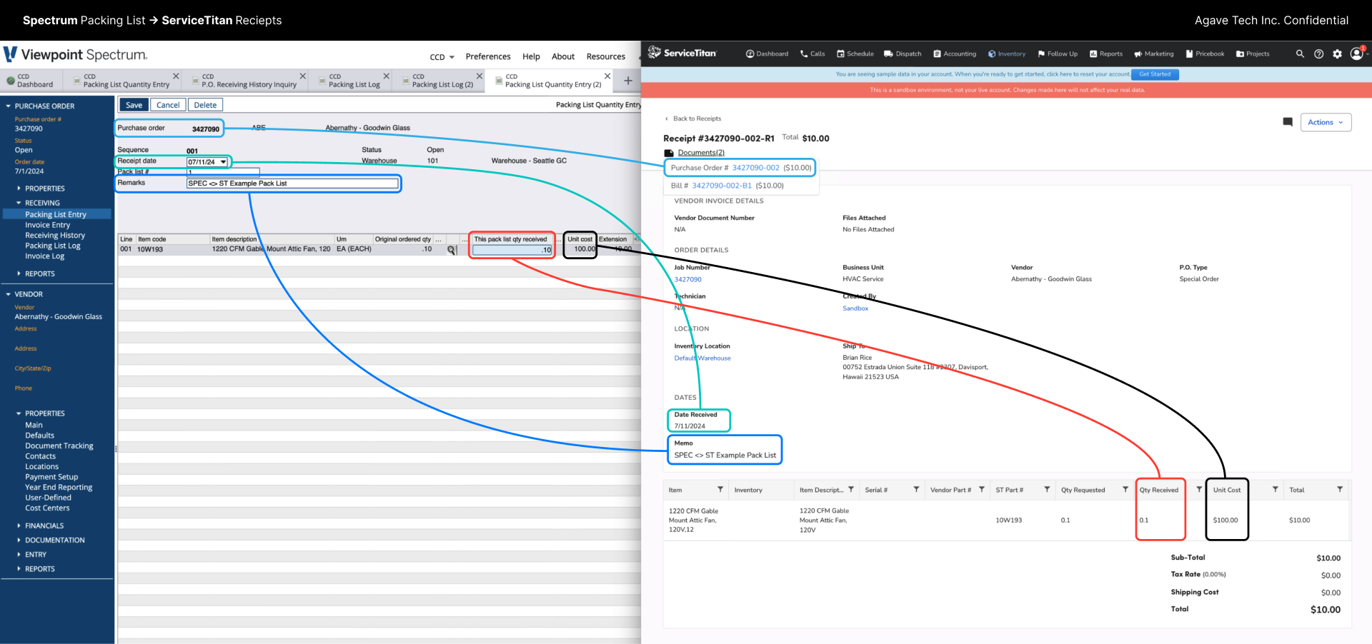 ServiceTitan and Spectrum Item Receipts Visual Mapping