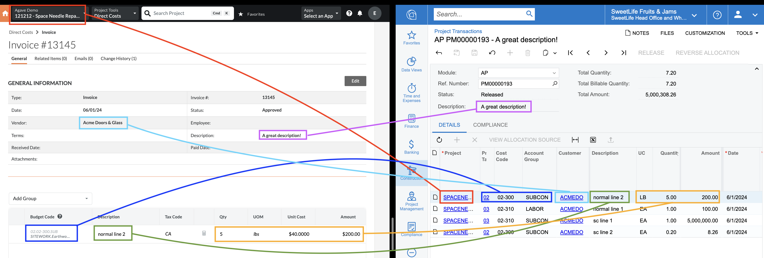 Procore and Acumatica Job Costs Visual Mapping