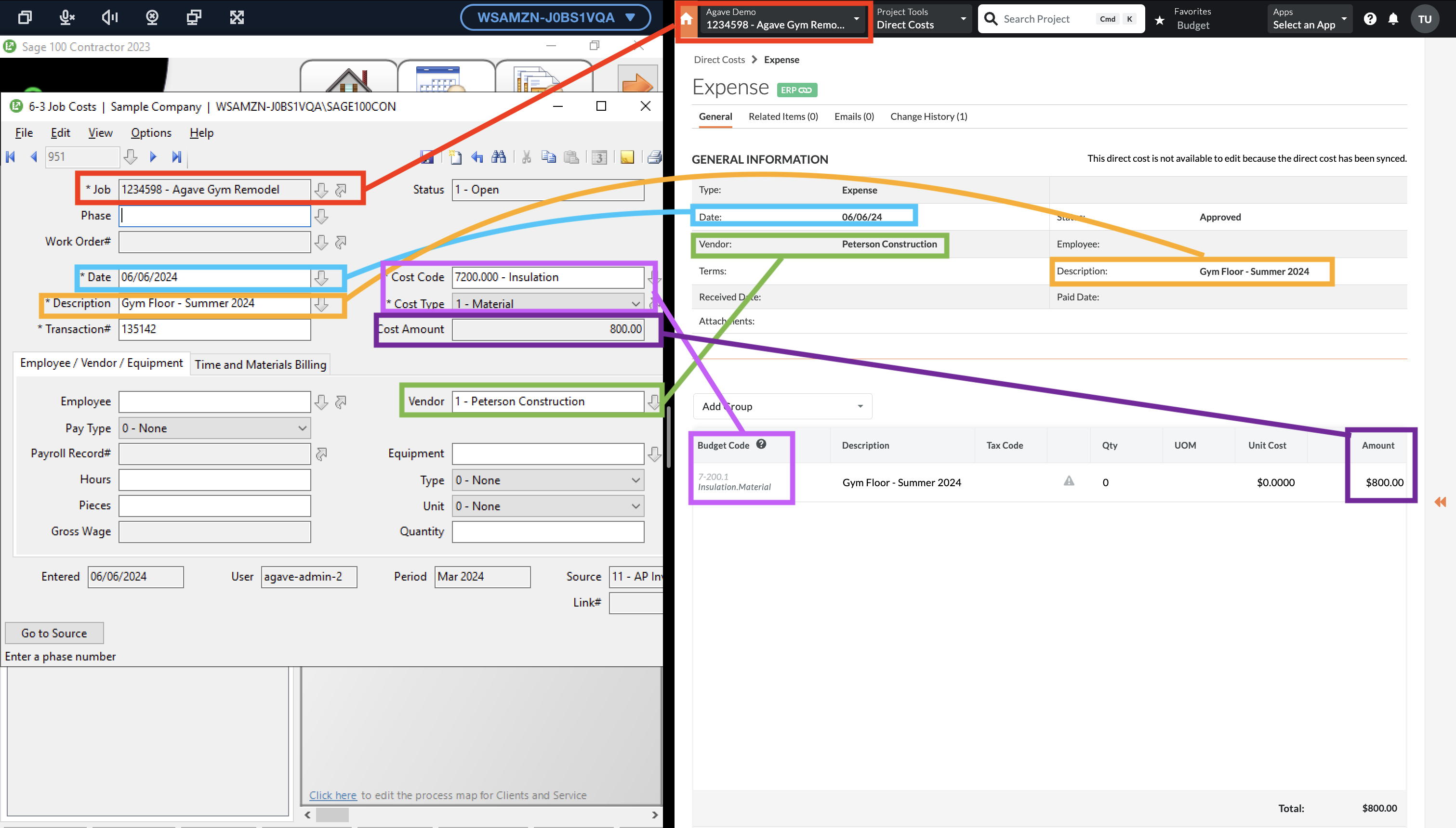 Procore and Sage 100 Job Costs Visual Mapping