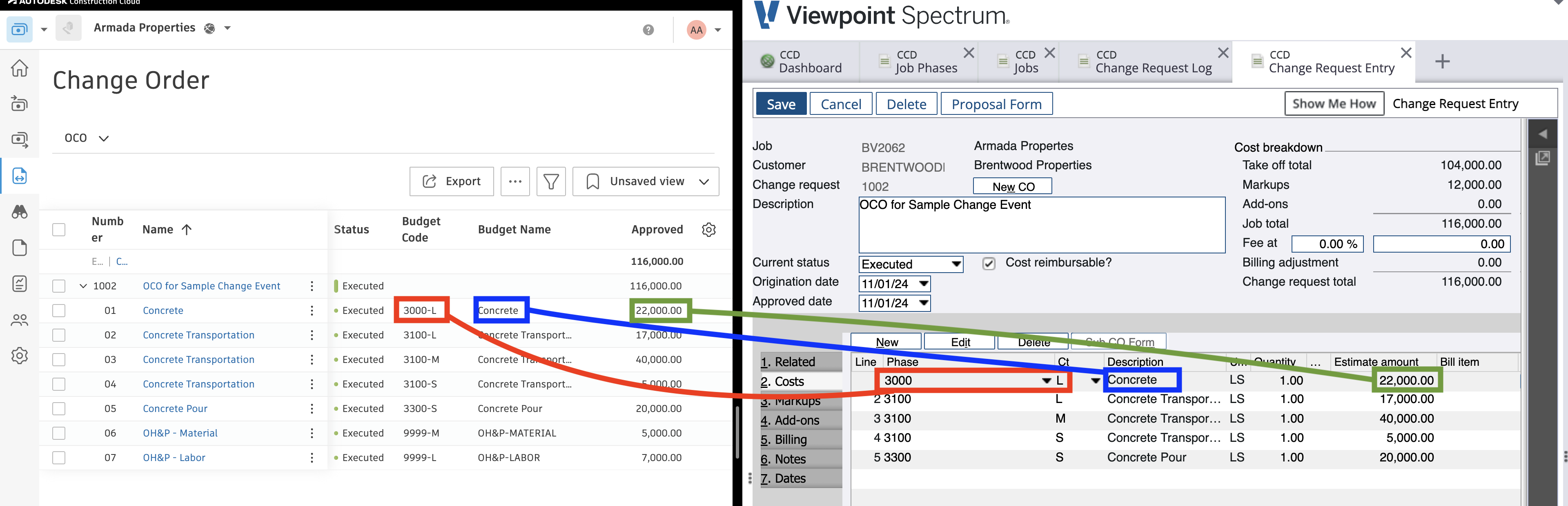 Autodesk Build and Spectrum Owner Change Order Visual Mapping