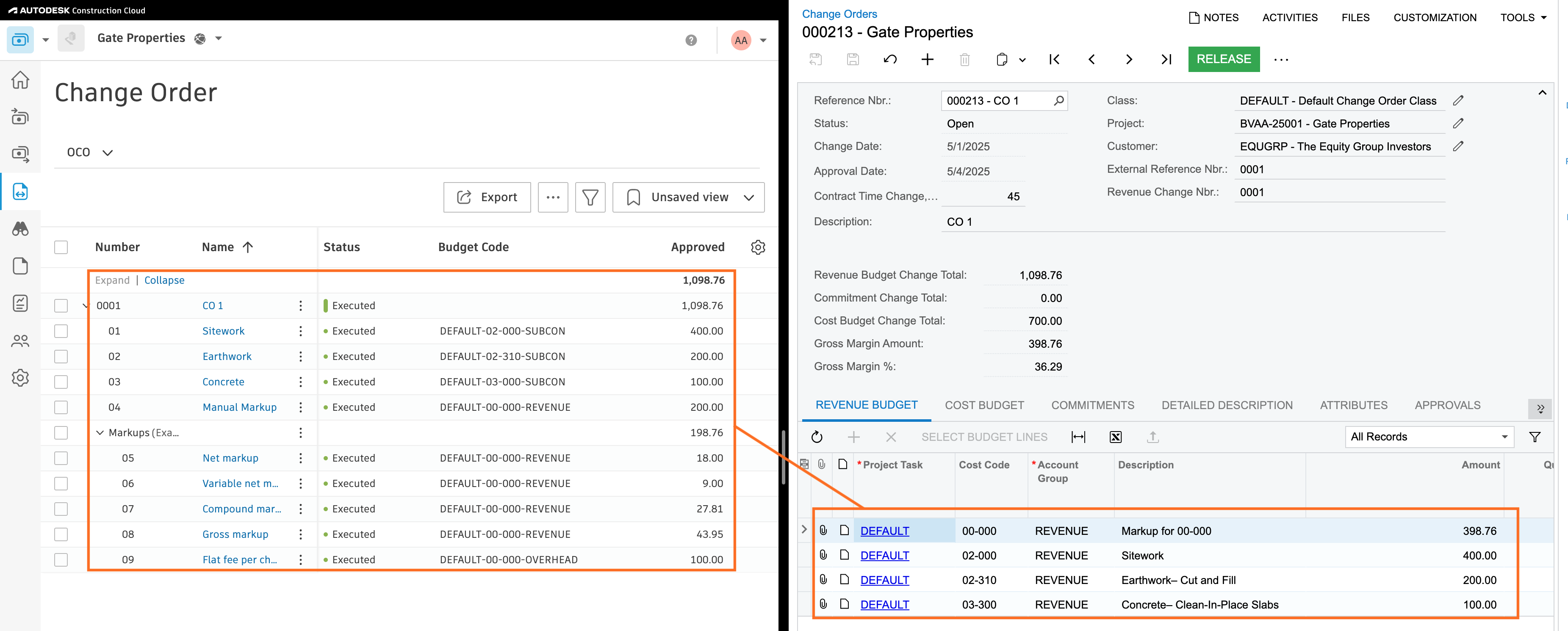Autodesk Build and Acumatica Owner Change Order Mapping