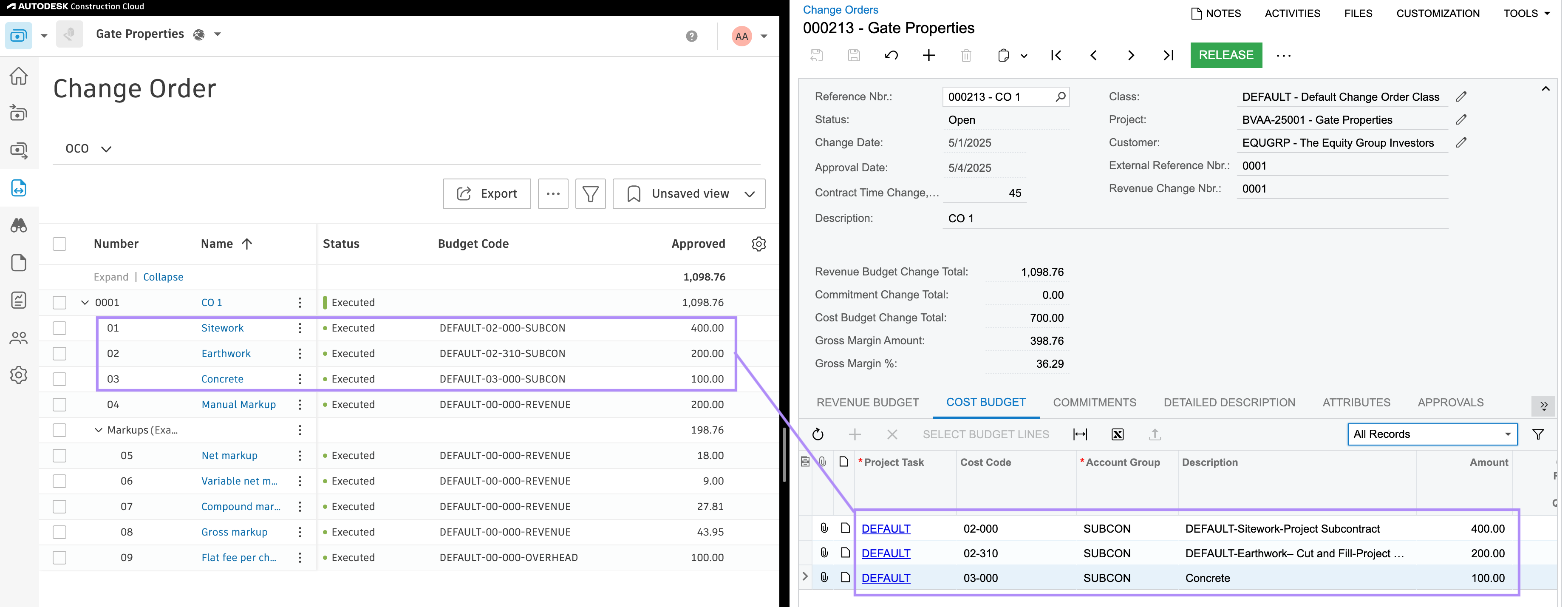Autodesk Build and Acumatica Owner Change Order Mapping