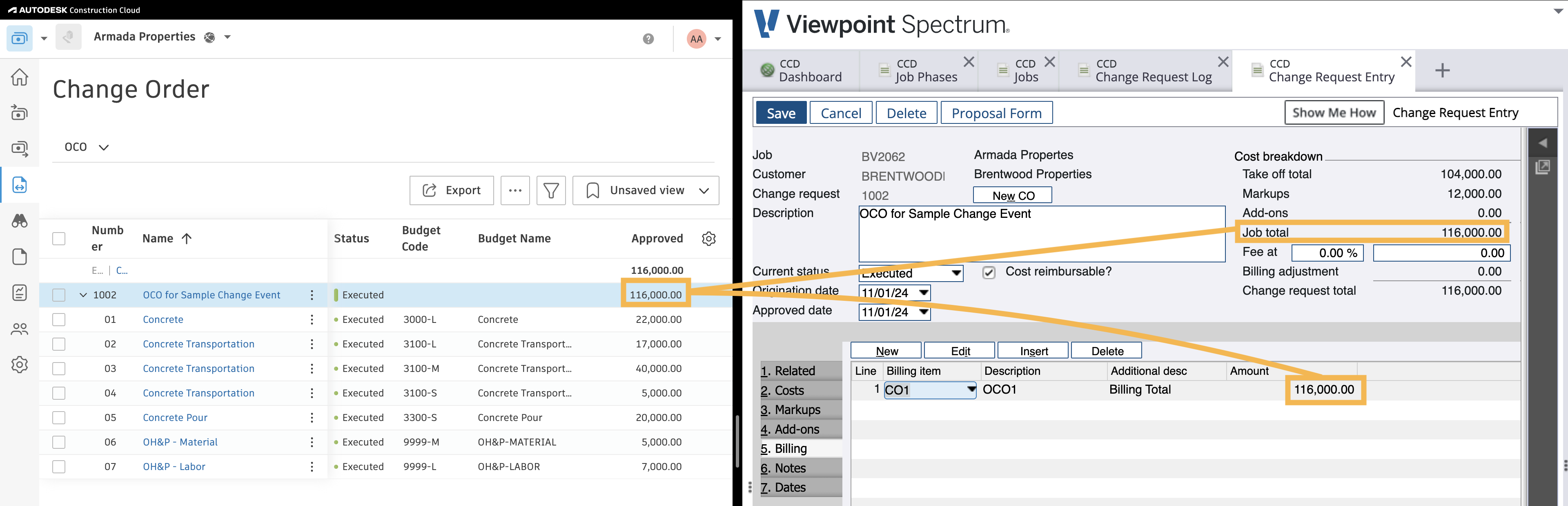 Autodesk Build and Spectrum Owner Change Order Visual Mapping