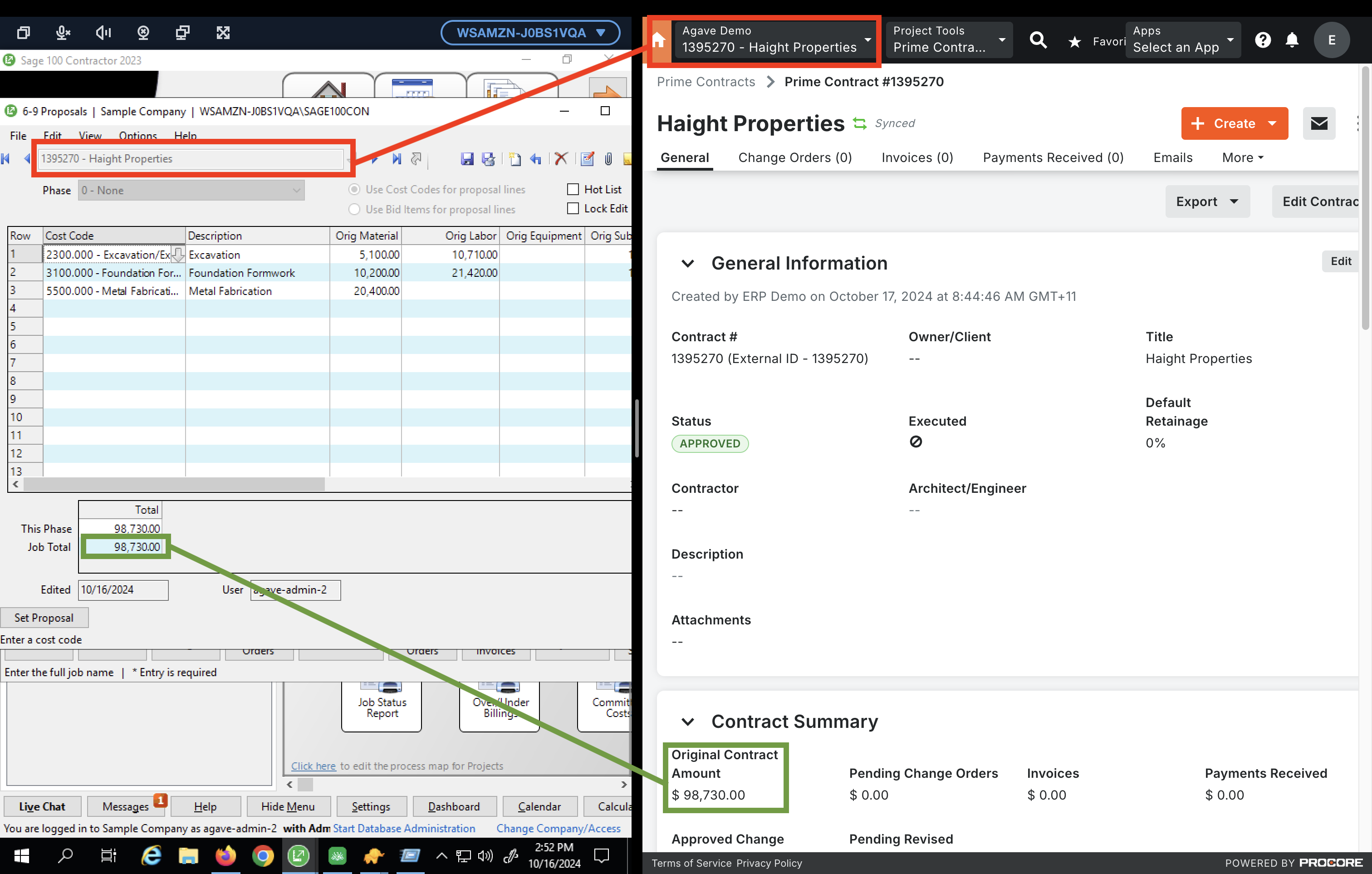 Procore and Sage 100 Prime Contract Visual Mapping