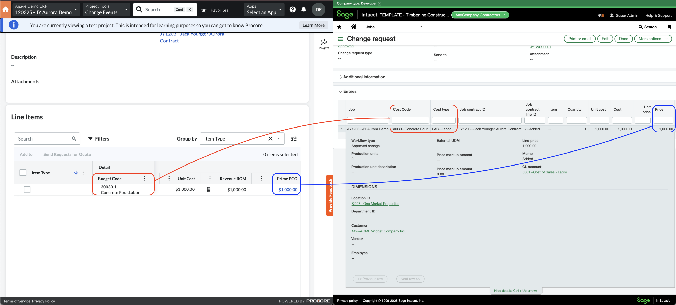 Procore and Sage Intacct Visual Mapping