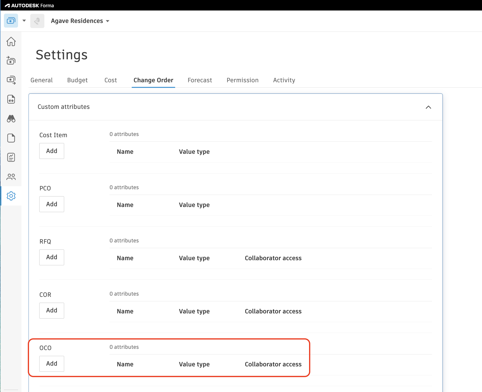 Autodesk Build Custom Attributes settings for Change Orders